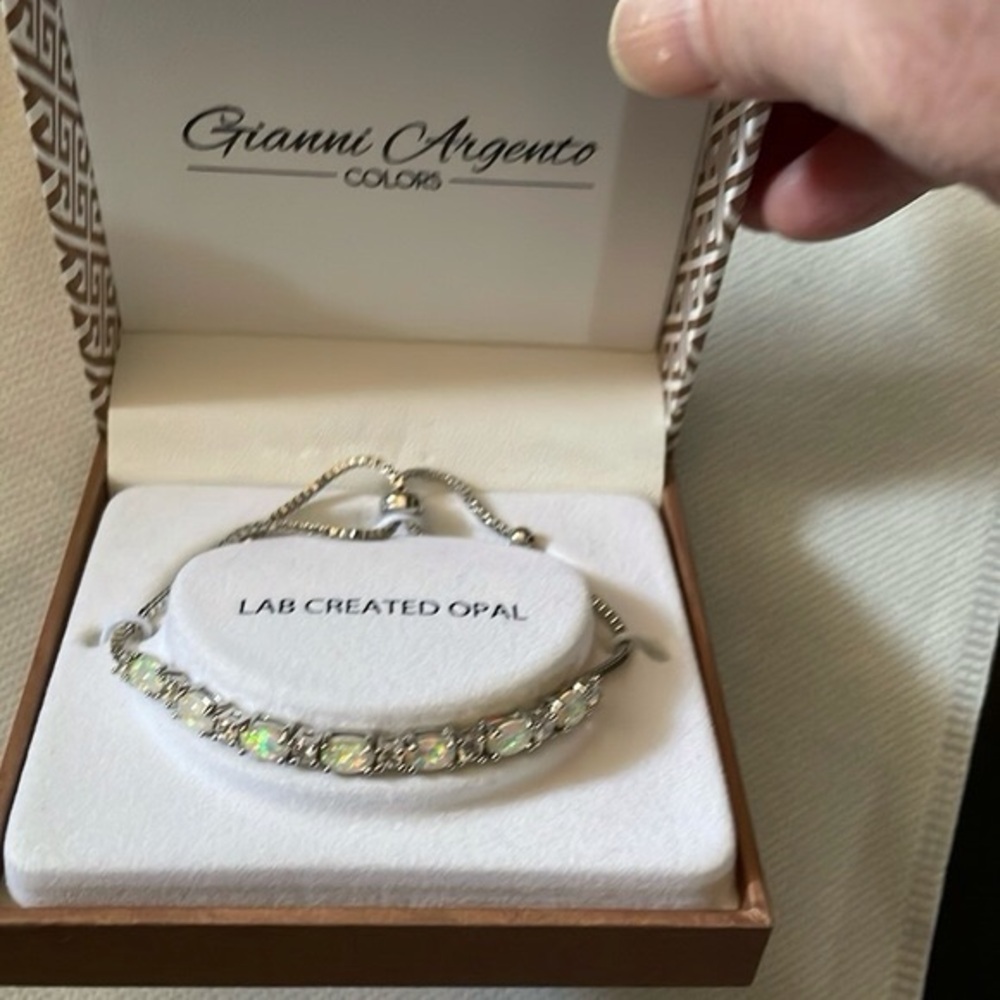 GIANNI ARGENTO LAB CREATED OPAL AND RHINESTONE SILVER BRACELET—NEW IN BOX